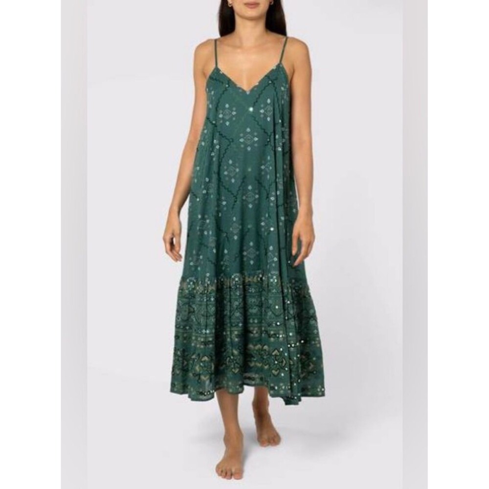 Juliet Dunn Green Mosaic Printed Cotton Slip Dress Block Resortwear Midi NWT S